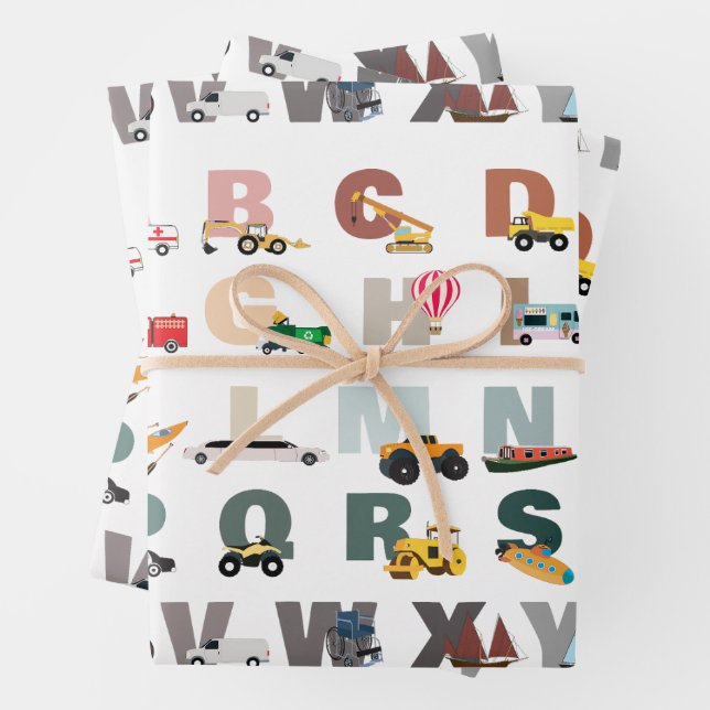 Cute Alphabet ABC Trucks, Transportation Vehicles Wrapping Paper Sheets (In situ)