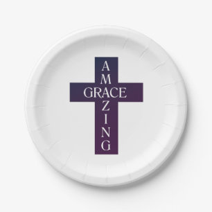 cute AMAZING GRACE typography and cross Paper Plates