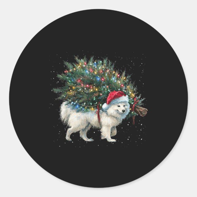 Cute American Eskimo Dog In A Christmas Tree For M Classic Round Sticker (Front)