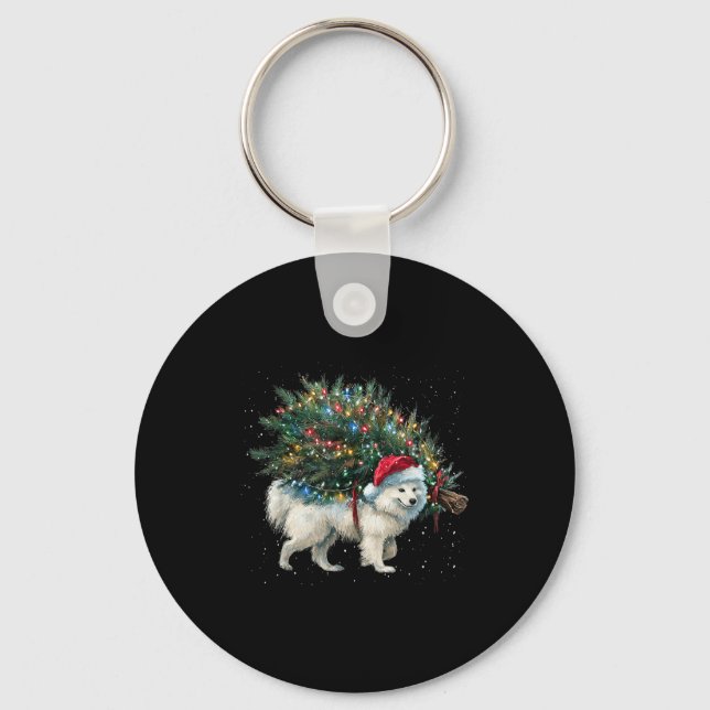 Cute American Eskimo Dog In A Christmas Tree For M Keychain (Front)