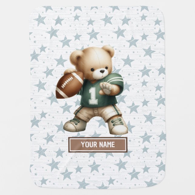 Cute American Football Teddy Bear Personalized Baby Blanket (Front)
