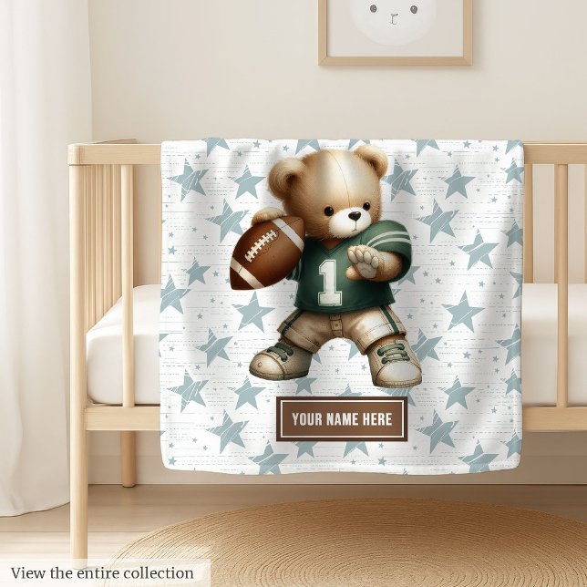 Cute American Football Teddy Bear Personalized Gif Fleece Blanket (Cute American football teddy bear blanket – perfect boy birthday gift.)