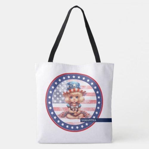 Cute American girl USA flag patriotic 4th July Tote Bag