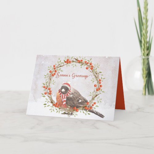 Cute American Robin Watercolor Christmas Bird Holiday Card