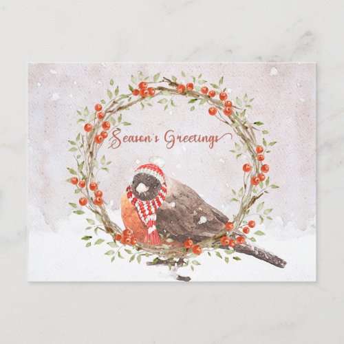 Cute American Robin Watercolor Christmas Bird Holiday Postcard