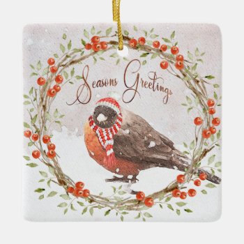 Cute American Robin Watercolor Winter Scene Ceramic Ornament by Vanillaextinctions at Zazzle