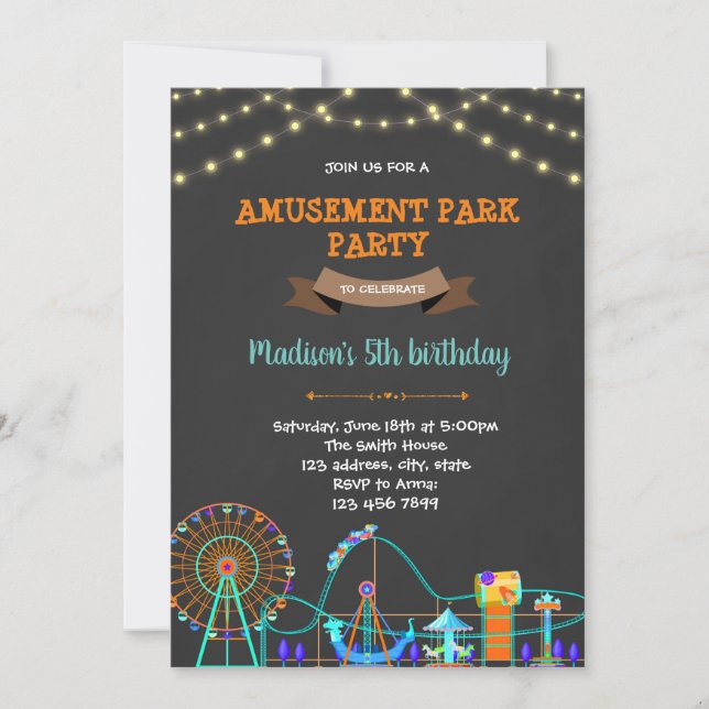 Cute amusement park chalkboard birthday invitation (Front)