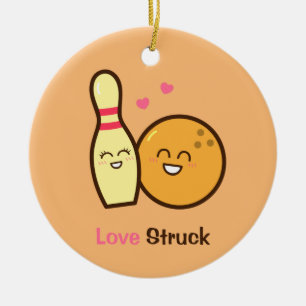 Cute Amusing Bowling Ball and Pin Love Struck Ceramic Ornament