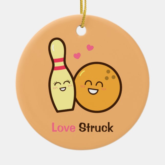 Cute Amusing Bowling Ball and Pin Love Struck Ceramic Ornament (Front)
