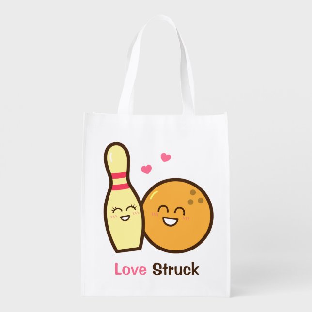 Cute Amusing Bowling Ball and Pin Love Struck Grocery Bag (Back)