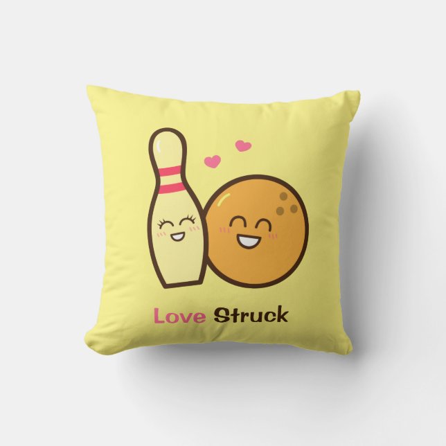 Cute Amusing Bowling Ball and Pin Love Struck Throw Pillow (Front)