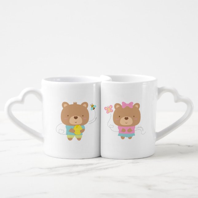 Cute Amusing Couple Bears Pun Cartoon Coffee Mug Set (Front Nesting)