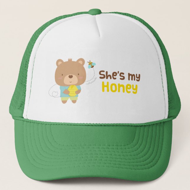 Cute Amusing Couple Male Bear and Bee Trucker Hat (Front)