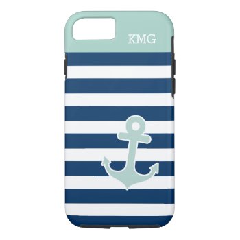 Cute Anchor In Trendy Navy Stripes Initials Iphone 8/7 Case by CityHunter at Zazzle