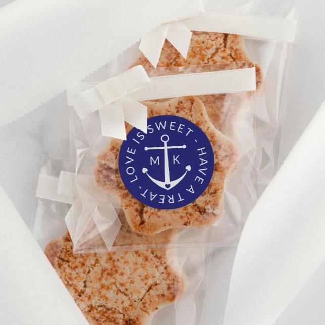 Cute Anchor Love Is Sweet Navy Blue Wedding Favor Classic Round Sticker (Creator Uploaded)