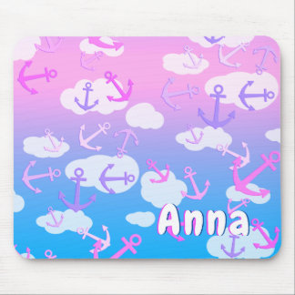 Cute Anchors And Clouds Dreamy Colors Custom Name Mouse Pad