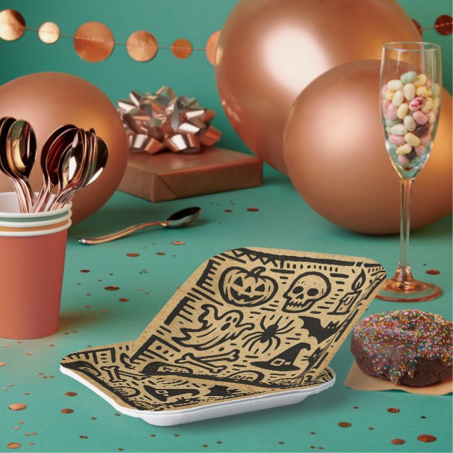 Cute ancient hieroglyph pumpkin and bat Halloween Paper Plates (Multi)