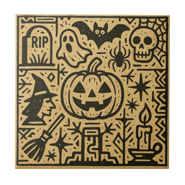 Cute ancient hieroglyph pumpkin, witch Halloween Ceramic Tile (Front)