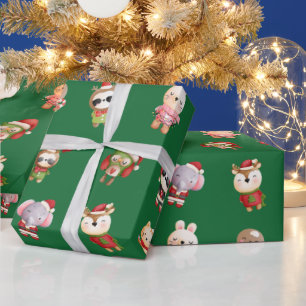 Cute and Adorable Christmas Baby Animals Green Wrapping Paper