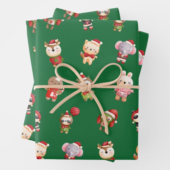 Cute and Adorable Christmas Baby Animals Green Wrapping Paper Sheets (In situ)