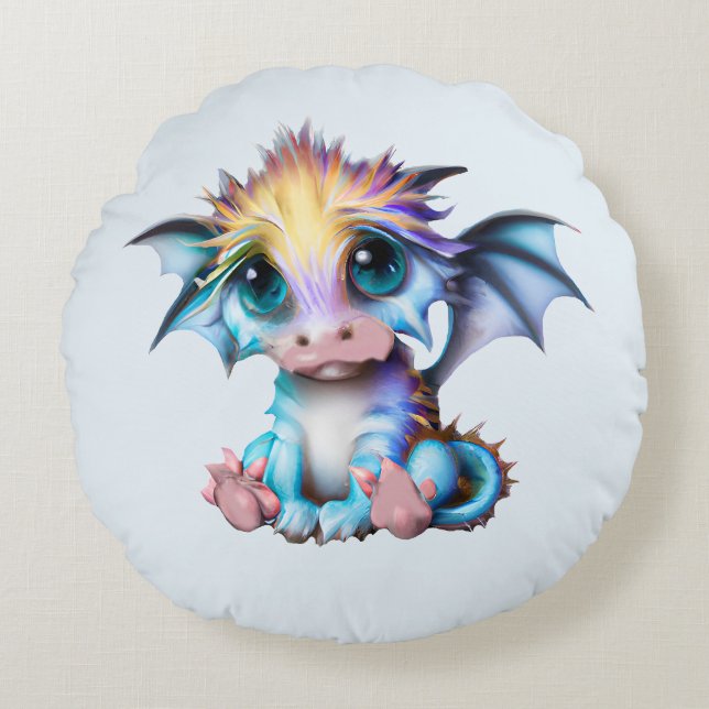Cute and Adorable Kawaii Baby Dragon Round Pillow (Front)