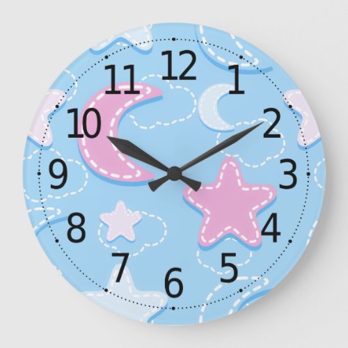 Cute and Adorable Pastel Moon Stars Clouds  Large Clock