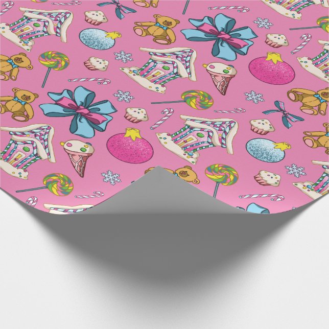 Cute And Adorable Pink Christmas Pattern Wrapping Paper (Corner)