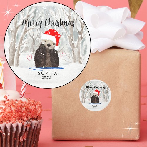 Cute and Adorable Santa Otter Kids Name and Year Classic Round Sticker