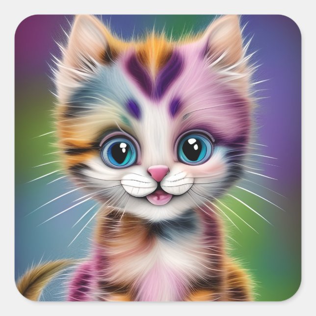 Cute and Adorable Smiling Striped Kitten  Square Sticker (Front)