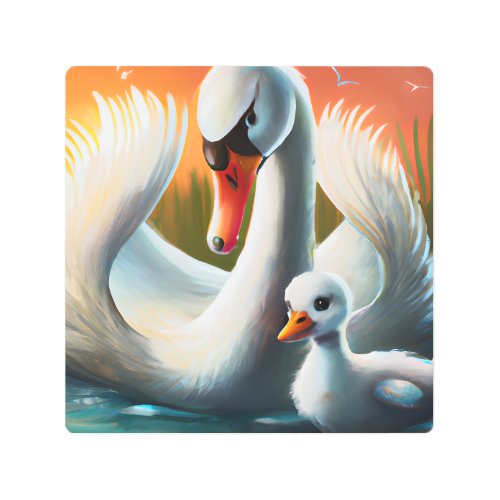 Cute and Adorable Swan and Baby Swan Metal Print