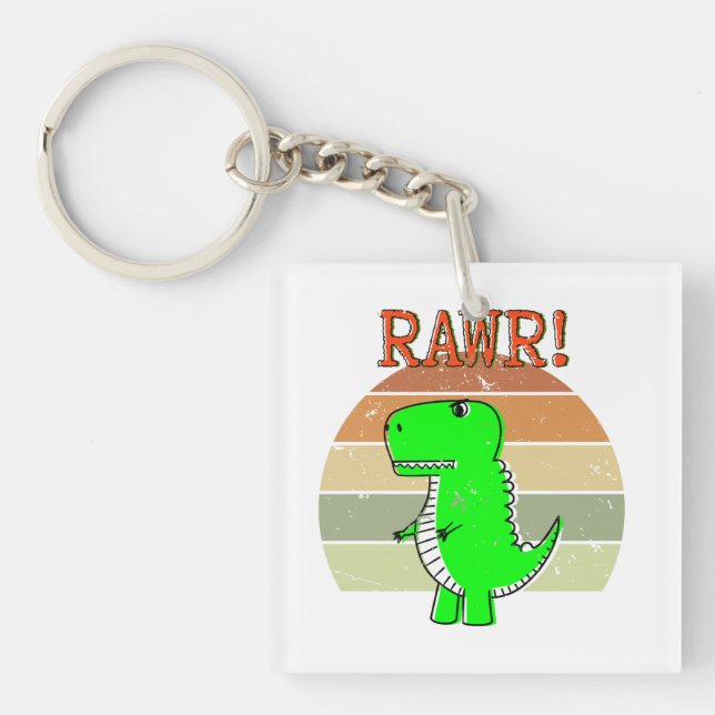 Cute And Angry Cartoon T-Rex Dinosaur Sunset Keychain (Front)