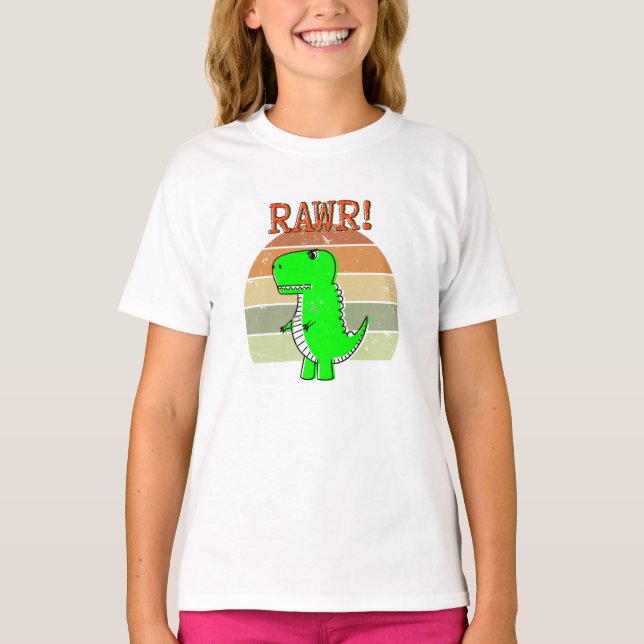 Cute And Angry Cartoon T-Rex Dinosaur Sunset T-Shirt (Front)