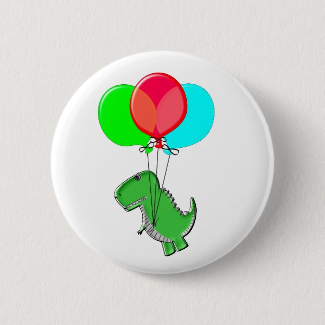 Cute And Angry Dino Flying With Party Balloons Button (Front)