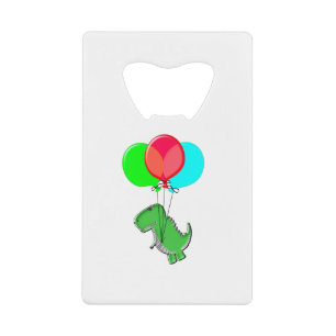 Cute And Angry Dino Flying With Party Balloons Credit Card Bottle Opener
