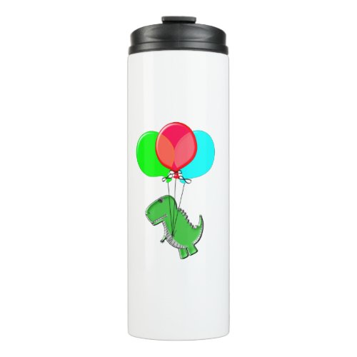 Cute And Angry Dino Flying With Party Balloons Thermal Tumbler