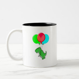 Cute And Angry Dino Flying With Party Balloons Two-Tone Coffee Mug