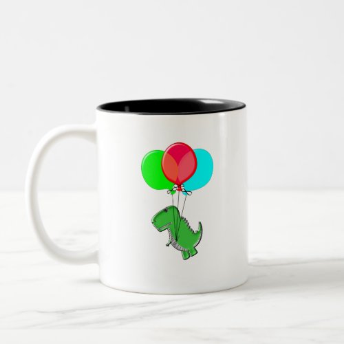 Cute And Angry Dino Flying With Party Balloons Two_Tone Coffee Mug