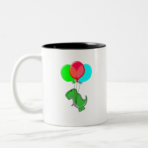 Cute And Angry Dino Flying With Party Balloons Two_Tone Coffee Mug