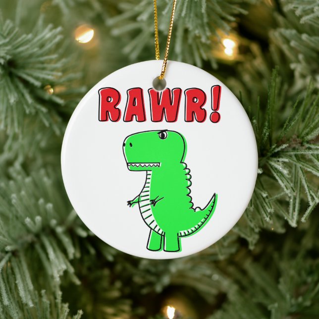 Cute And Angry Green Cartoon T-Rex Dinosaur Ceramic Ornament (Tree)