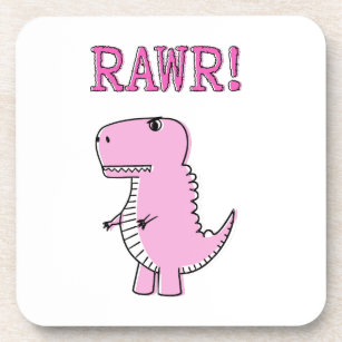 Cute And Angry Pink Cartoon T-Rex Dinosaur Beverage Coaster