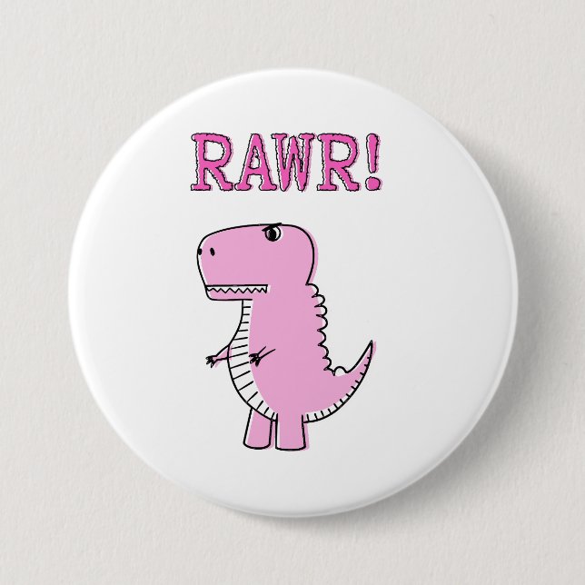 Cute And Angry Pink Cartoon T-Rex Dinosaur Button (Front)
