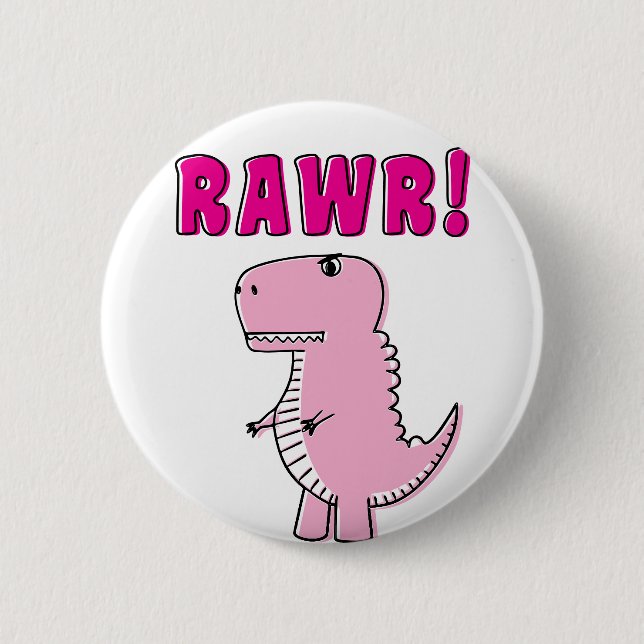 Cute And Angry Pink Cartoon T-Rex Dinosaur Button (Front)