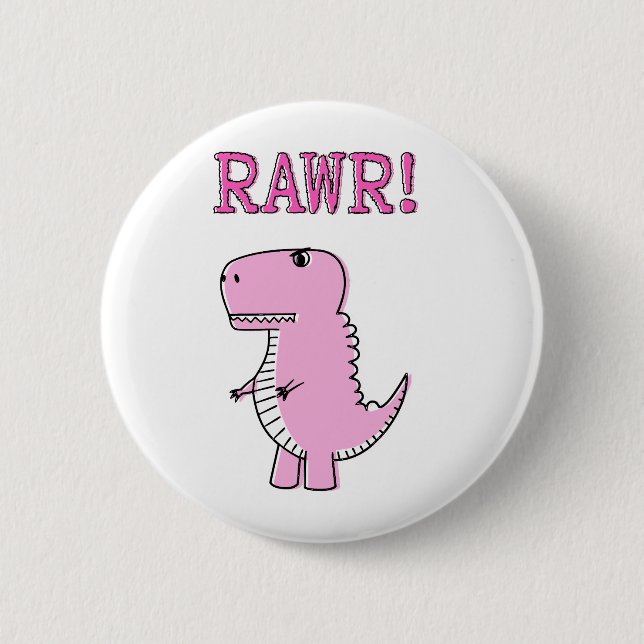 Cute And Angry Pink Cartoon T-Rex Dinosaur Button (Front)