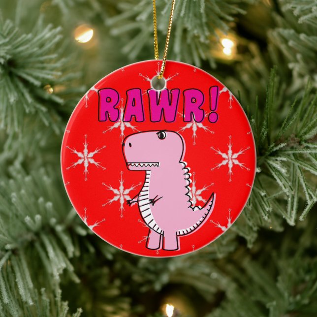 Cute And Angry Pink Cartoon T-Rex Dinosaur Ceramic Ornament (Tree)