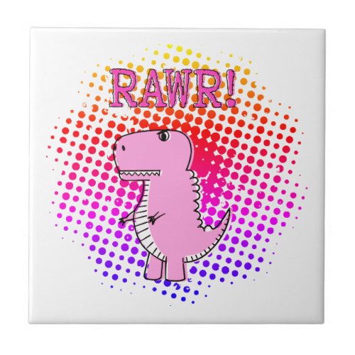 Cute And Angry Pink Cartoon T_Rex Dinosaur Ceramic Tile