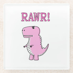 Cute And Angry Pink Cartoon T-Rex Dinosaur Glass Coaster