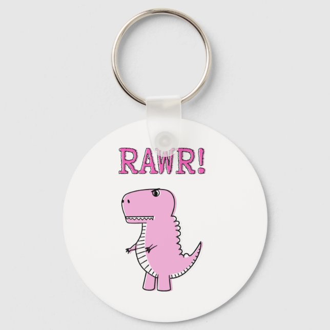 Cute And Angry Pink Cartoon T-Rex Dinosaur Keychain (Front)