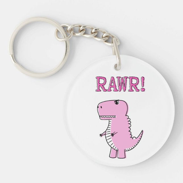 Cute And Angry Pink Cartoon T-Rex Dinosaur Keychain (Front)