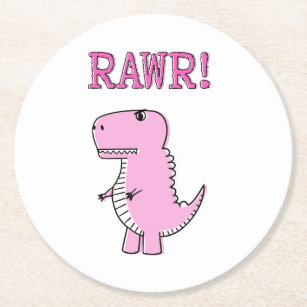 Cute And Angry Pink Cartoon T-Rex Dinosaur Round Paper Coaster
