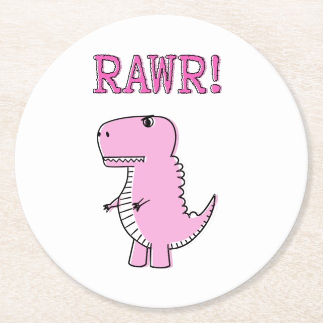 Cute And Angry Pink Cartoon T-Rex Dinosaur Round Paper Coaster (Front)
